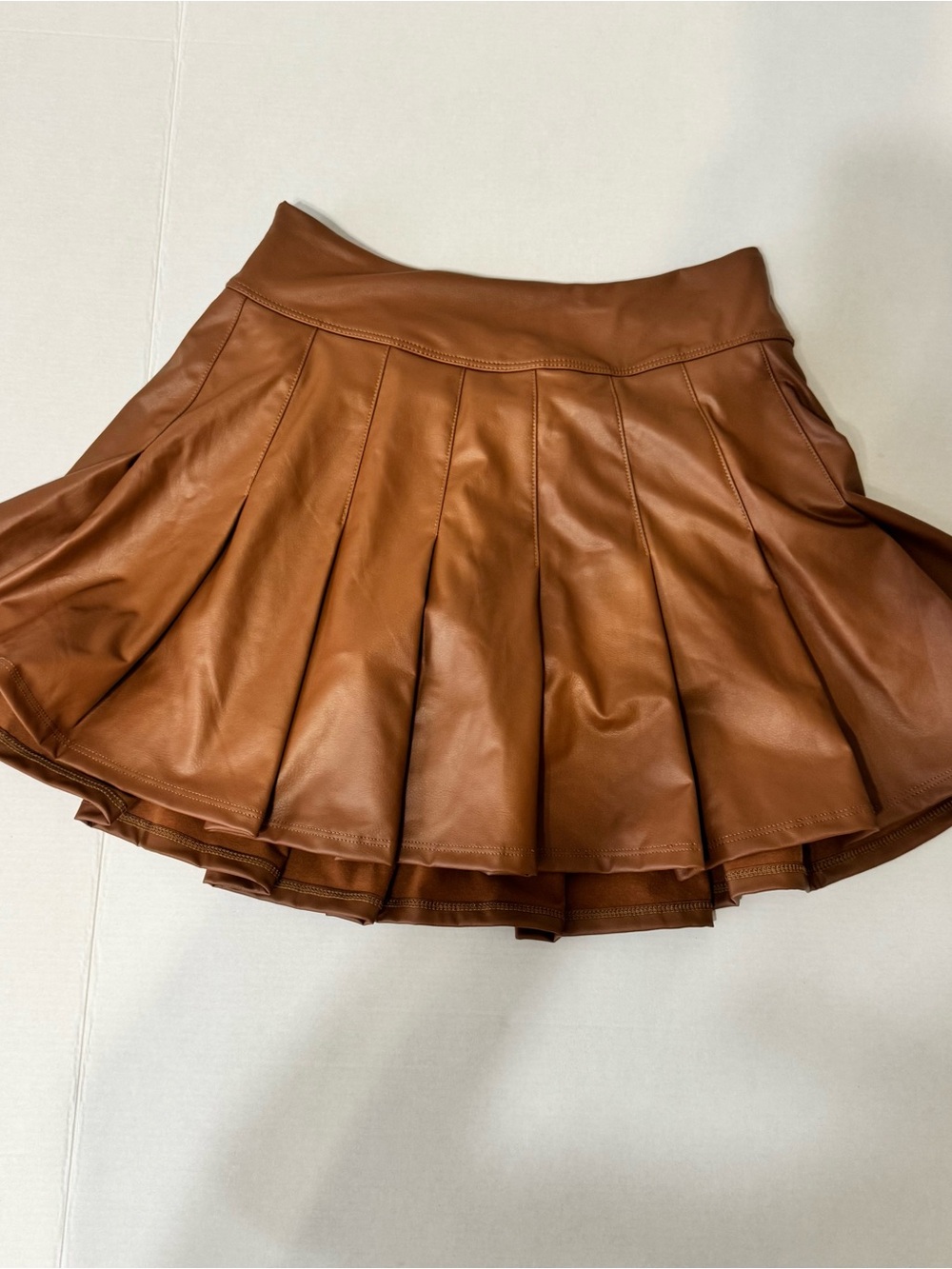 aerie Faux Leather Pleated Skater Mini Skirt - Chestnut Brown
